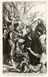 Michael Rogerius (1543-1607) och Matthaeus Riccius (1552-1610) anländer till Kinas kust, illustration från en historia av kyrkan av P. Cornelius Hazart, publicerad i Antwerpen, 1668