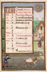 Ms 1058-1975 f10r Plöjning med två hästar, upplyst kalendersida för oktober, från en timbok, ca 1500