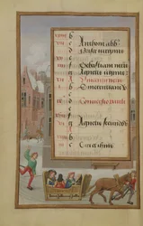 Ms 1058-1975 f1v Street Scene in the Snow, upplyst kalendersida för januari, från a Book of Hours, c.1500