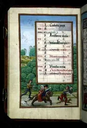 Ms 1058-1975 f4v En mästare och hans fru rider med jakten, upplyst kalendersida för april, från en timbok, ca 1500 (vellum)