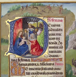 Ms 1058-1975 f.82r Historikerad initial `D som skildrar kungarnas tillbedjan, från en timböcker, troligen Brygge, c.1500-05
