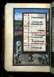 Ms 1058-1975 f8v Winnowing Corn in a Lada, upplyst kalendersida för augusti, från a Book of Hours, c.1500 (vellum)