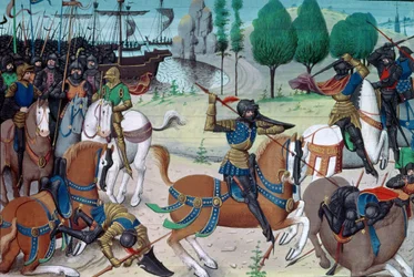 Ms 5089-90 Slaget vid Hastings, 14 oktober 1066, från Chronique des Empereurs av David Aubert