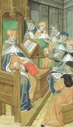Ms Hunter 9 f.39r Föreläsning i salen, från De Medina Fen I. II, av Avicenna (980-1037)