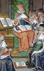 Ms Hunter 9 f.43v Föreläsning i sal, från De Medina Fen I. II, av Avicenna (980-1037)