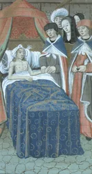 Ms Hunter 9 f.76r Patient i säng med två läkare, från De Medina Fen I. II, av Avicenna (980-1037)