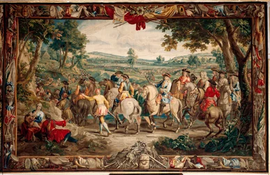 Palace (Schlossanlage Schleißheim). flamländsk gobeläng. Bryssel ateljén Judocus De Vos. Design Lambert De Hondt. Marschen (La Marche). 400x640 cm. Ull och siden. Omkring 1715 - 1724.