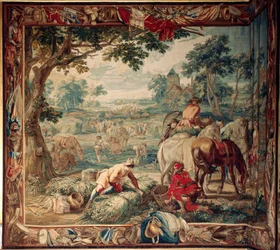 Palace (Schlossanlage Schleißheim). flamländsk gobeläng. Bryssel ateljén Judocus De Vos. Design Lambert De Hondt. Utfodring (födosök). 400x510 cm. Ull och siden. Omkring 1715 - 1724.