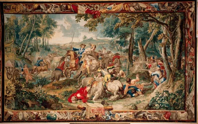 Palace (Schlossanlage Schleißheim). flamländsk gobeläng. Bryssel ateljén Judocus De Vos. Design Lambert De Hondt. Bakhåll (bakhåll). 400x630 cm. Ull och siden. Omkring 1715 - 1724.