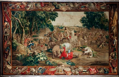Palace (Schlossanlage Schleißheim). flamländsk gobeläng. Bryssel ateljén Judocus De Vos. Design Lambert De Hondt. Bakhåll (bakhåll). Ull och siden. Omkring 1715 - 1724.
