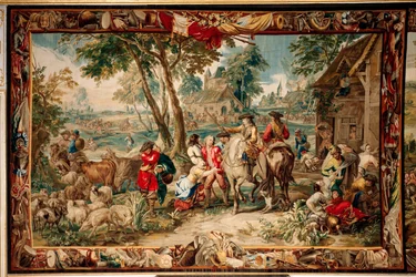 Palace (Schlossanlage Schleißheim). flamländsk gobeläng. Bryssel ateljén Judocus De Vos. Design Lambert De Hondt. Plundra (pilage). 400x595 cm. Ull och siden. Omkring 1715 - 1724.