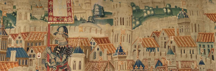 Sockenmuseum för gobelänger (Parish Museum of Pastrana Tapestries). flamländsk gobeläng. Conquest of Tanger (Taking of Tangier, De inname van Tanger). Serie Erövringar av kung Alfonso I av Portugal. Tournai. Ull och siden