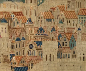 Sockenmuseum för gobelänger (Parish Museum of Pastrana Tapestries). flamländsk gobeläng. Conquest of Tanger (Taking of Tangier, De inname van Tanger). Serie Erövringar av kung Alfonso I av Portugal. Tournai. Ull och siden