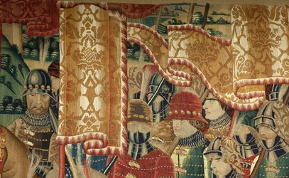 Sockenmuseum för gobelänger (Parish Museum of Tapestries of Pastrana). flamländsk gobeläng. Conquest of Tanger (Take of Tangier, De inname van Tanger). Serie Erövringar av kung Alfonso I av Portugal (Erövringar av Alfonso V av Portugal). Tournai. Ull och s