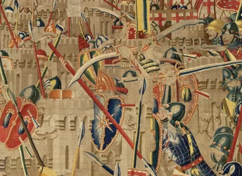 Sockenmuseum för gobelänger (Parish Museum of Pastrana Tapestries). flamländsk gobeläng. Ta av Asilah (Take of Asilah, Assault on Asilah, De inname van Arzila). Serie Erövringar av kung Alfonso I av Portugal. Tournai.