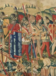 Sockens museum för gobelänger (Pastrana Parish Museum of Tapestries). flamländsk gobeläng. Landningen vid Arzila (Landningen vid Arzila, Desembarco och Arzila). Serie Erövringar av kung Alfonso I av Portugal (Erövringar av kung Alfonso V av Portugal). Turn