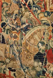 Sockenmuseum för gobelänger (Parish Museum of Tapestries of Pastrana). flamländsk gobeläng. Encirclement of Arcila (Belägringen av Arcila, De omsingeling van Arzila). Serie Erövringar av kung Alfonso I av Portugal (Erövringar av Alfonso V av Portugal). Tou