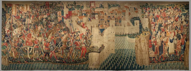 Sockenmuseum för gobelänger (Parish Museum of Pastrana Tapestries). flamländsk gobeläng. Conquest of Tanger (Taking of Tangier, De inname van Tanger). Serie Erövringar av kung Alfonso I av Portugal. Tournai. Ull och siden