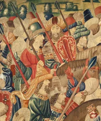 Sockenmuseum för gobelänger (Parish Museum of Pastrana Tapestries). flamländsk gobeläng. Conquest of Tanger (Taking of Tangier, De inname van Tanger). Serie Erövringar av kung Alfonso I av Portugal. Tournai. Detalj. Ull