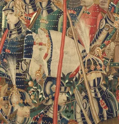 Sockenmuseum för gobelänger (Parish Museum of Pastrana Tapestries). flamländsk gobeläng. Conquest of Tanger (Taking of Tangier, De inname van Tanger). Serie Erövringar av kung Alfonso I av Portugal. Tournai. Ull och siden