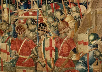 Sockenmuseum för gobelänger (Parish Museum of Pastrana Tapestries). flamländsk gobeläng. Omringning av Asilah (Belägringen av Asilah, De omsingeling van Arzila). Serie Erövringar av kung Alfonso I av Portugal. Tournai.