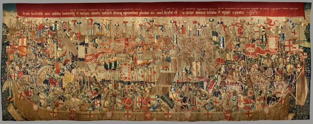 Sockenmuseum för gobelänger (Parish Museum of Pastrana Tapestries). flamländsk gobeläng. Omringning av Asilah (Belägringen av Asilah, De omsingeling van Arzila). Serie Erövringar av kung Alfonso I av Portugal. Tournai.