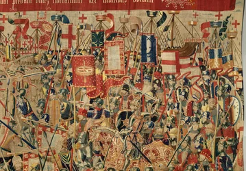 Sockenmuseum för gobelänger (Parish Museum of Pastrana Tapestries). flamländsk gobeläng. Ta av Asilah (Take of Asilah, Assault on Asilah, De inname van Arzila). Serie Erövringar av kung Alfonso I av Portugal. Tournai.