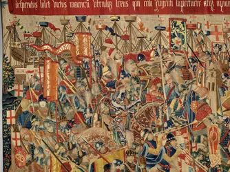 Sockenmuseum för gobelänger (Parish Museum of Pastrana Tapestries). flamländsk gobeläng. Ta av Asilah (Take of Asilah, Assault on Asilah, De inname van Arzila). Serie Erövringar av kung Alfonso I av Portugal. Tournai.