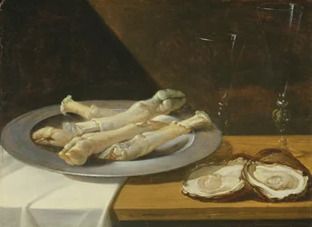 Grisknogar på en tennbricka med ostron och vinglas på ett draperat bord, ca 1630