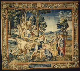 Pomona överraskad av Vertumnus och andra friare, från The Story of Vertumnus and Pomona, 1535-40
