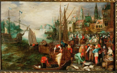Hamn och marknad i Antwerpen (olja på ek)