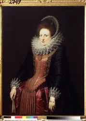 ""Porträtt av en dam med fläkt" (Porträtt av en dam med fläkt) rikedomsdam, iklädd en ruff och en broderad klänning. Målning av den flamländska skolan omkring 1610. Pushkin-museet, Moskva