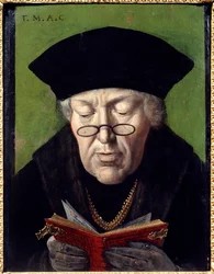 Porträtt av Thomas More (1478-1535), humanist. Humanisten är representerad med glasögon när han läser en bok. Målning av den flamländska skolan