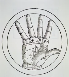 Planeternas position på höger hand, kopia av en illustration från De Occulta Philosophia Libri III, av Henricus Cornelius Agrippa, Antwerpen 1533, använd i en magihistoria, publicerad i slutet av 1800-talet