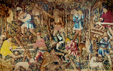 Scener av skörd och vedhuggare. Gobeläng av den flamländska skolan. Tournai. 1400-talets Paris, dekorativ konst