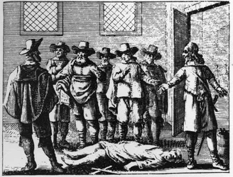 Trollkarl som har dukat under för tortyr - gravyr från 1725 i "" La Sorcellerie demasquee"" (