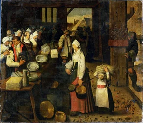 Omgivningar av Pieter Brueghel III: Ett gift par tar emot gåvor (målning på duk)