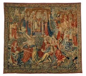 Tapestry, A Moral Allegory of Man or Justice Attacking Man, tillverkad i Flandern, Belgien, cirka 1500 (ull och siden)