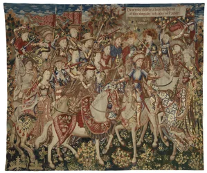 Gobeläng med Hercules och hans följeslagare på berget Olympen, möjligen tillverkad i Tournai, ca 1465-70 (ull och siden)