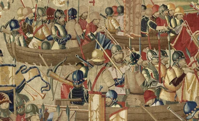 Gobeläng som visar erövringarna av kung Alfonso V av Portugal (Conquistas de Alfonso V de Portugal), Tournai. Detalj. (Ull och siden)