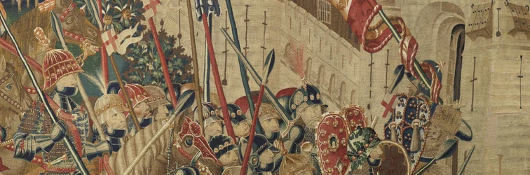 Gobeläng som visar erövringarna av kung Alfonso V av Portugal (Conquistas de Alfonso V de Portugal), Tournai. Detalj. (Ull och siden)