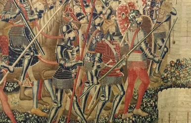 Gobeläng som visar erövringarna av kung Alfonso V av Portugal (Conquistas de Alfonso V de Portugal), Tournai. Detalj. (Ull och siden)