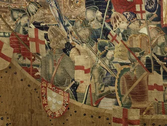 Gobeläng som visar erövringarna av kung Alfonso V av Portugal (Conquistas de Alfonso V de Portugal), Tournai. Detalj. (Ull och siden)
