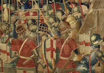 Gobeläng som visar erövringarna av kung Alfonso V av Portugal (Conquistas de Alfonso V de Portugal), Tournai. Detalj. (Ull och siden)