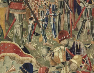 Gobeläng som visar erövringarna av kung Alfonso V av Portugal (Conquistas de Alfonso V de Portugal), Tournai. Detalj. (Ull och siden)