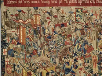 Gobeläng som visar erövringarna av kung Alfonso V av Portugal (Conquistas de Alfonso V de Portugal), Tournai. Detalj. (Ull och siden)