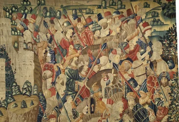 Gobeläng som visar erövringarna av kung Alfonso V av Portugal (Conquistas de Alfonso V de Portugal), Tournai. Detalj. (Ull och siden)