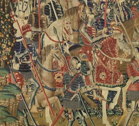 Gobeläng som visar erövringarna av kung Alfonso V av Portugal (Conquistas de Alfonso V de Portugal), Tournai. Detalj. (Ull och siden)