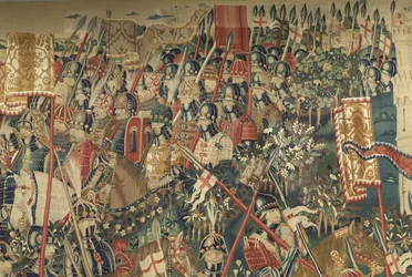 Gobeläng som visar erövringarna av kung Alfonso V av Portugal (Conquistas de Alfonso V de Portugal), Tournai. Detalj. (Ull och siden)