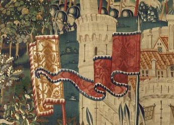 Gobeläng som visar erövringarna av kung Alfonso V av Portugal (Conquistas de Alfonso V de Portugal), Tournai. Detalj. (Ull och siden)
